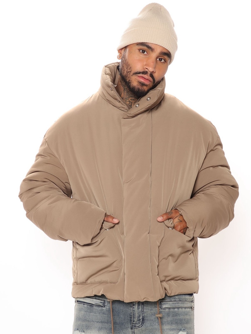 Fashion Nova Men's Taupe Puffer Jacket - Warm Neutral Outerwear